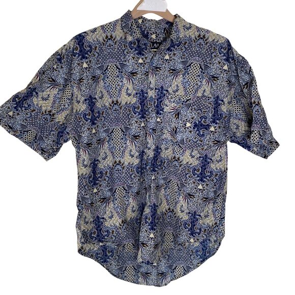 Java Lava Mens XL Short Sleeve Blue & Beige Paisley Button-Up Shirt Coastal Beec - Picture 1 of 14